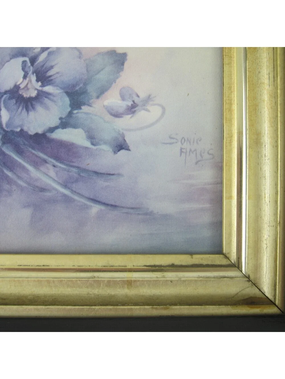 Antique Victorian Deep Picture Frame Wood Gold Gilt Sonie Ames Flower Print